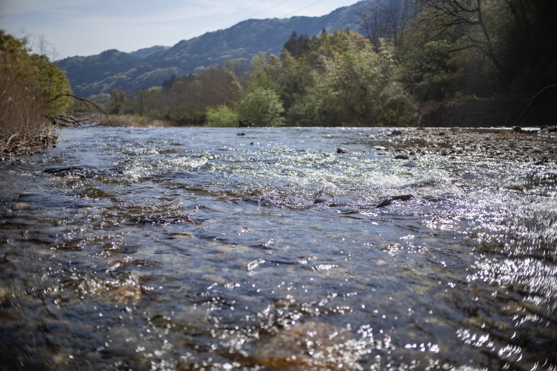 A low-angle shot of a shallow, clear river flowing over smooth stones with lush green mountains in the distance.