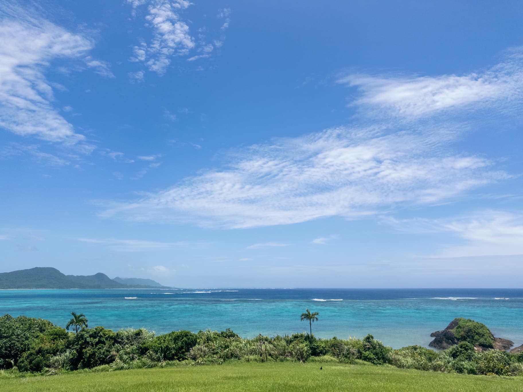 High-angle view of a tropical coastline with vibrant turquoise water, green vegetation, and distant hills.